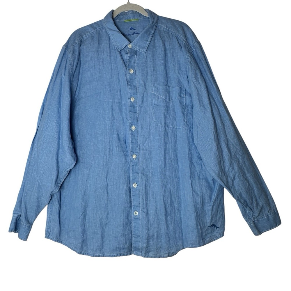 Tommy Bahama 100% Linen Shirt Men 2XL Blue Long Sleeve Button Resort Beach